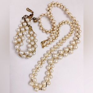 Vintage Woven Gold Chain Pearl Necklace And Bracelet Set